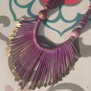 Purple Hues Vibrant Brass Leather Cord Bib Bead 1970s Fringe Necklace